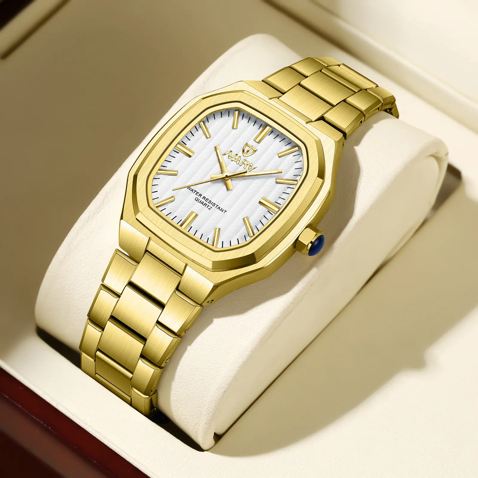 Full gold case with white dial and steel strap