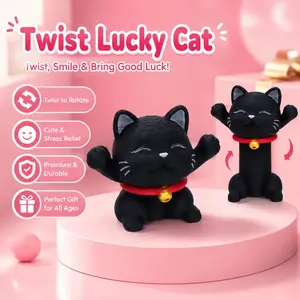 1pc Black Rotating Lucky Cat Stress Relief Toy, Twist Pop Up Extendable Maneki Neko Figure, Red Collar Bell Cat Desk Ornament, Handheld Finger Fidget Relaxing Item, Office Study Break, Home Dorm Desk Decor, Birthday Holiday Gift