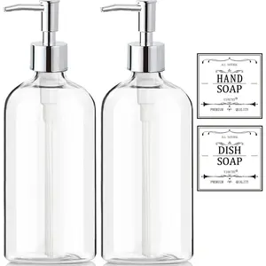 Clear Soap Dispenser with Rust Proof Pump, Waterproof Labels (2 Pack,16 Oz), Soap Dispenser Bathroom, Plastic Hand Soap Dispenser, Dish Soap Dispenser for Kitchen