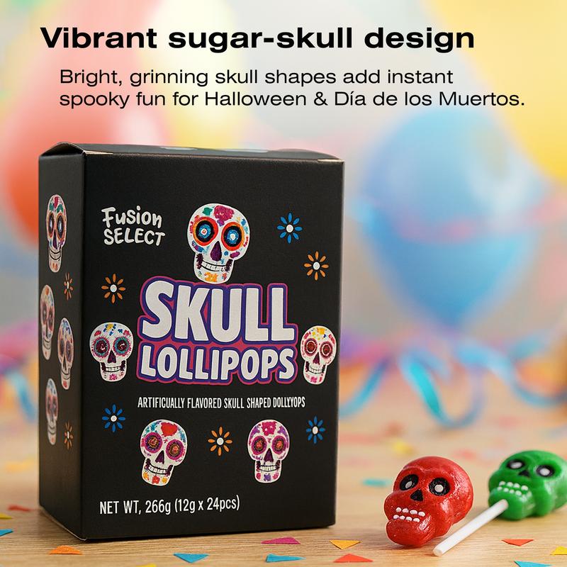 Fusion Select 24 Pcs Sugar Skull Lollipops - Colorful Halloween & Day of the Dead Candy - Individually Wrapped Novelty Treats for Kids - For Trick or Treat, Themed Party Favors & Celebrations Traditional Sweet Snack