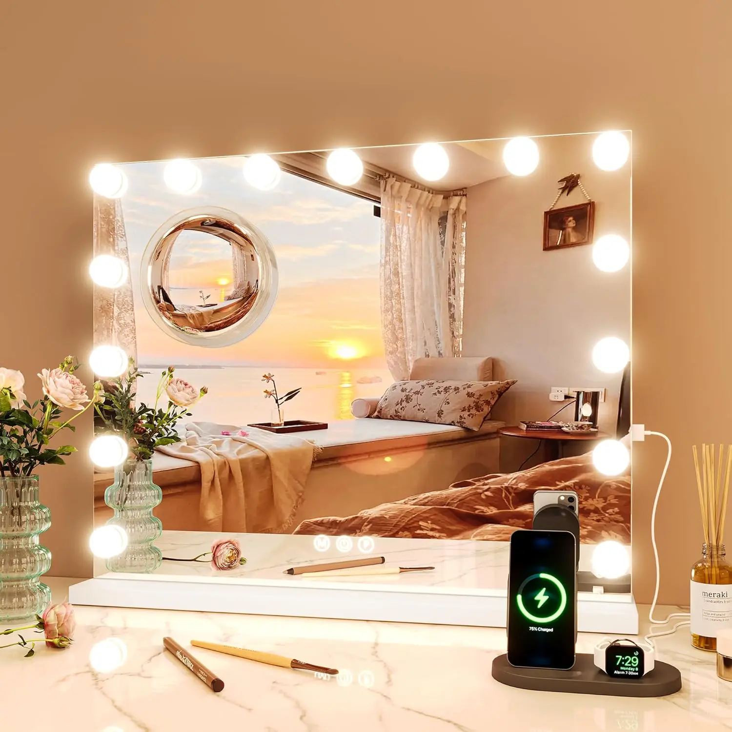 Vanity Mirror with Lights, Smart Illuminated Makeup Mirror with Speaker Extra Large, 3 Color Lighting Modes & 3X Magnification, with 15/17 Dimmable LED Bulbs, Tabletop/Hanging
