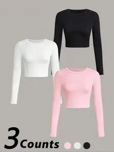 Women's Slim Fit Long Sleeve Short Round Neck T-Shirt Set, Casual Plain Color Top for All Seasons, 3 Piece Pack