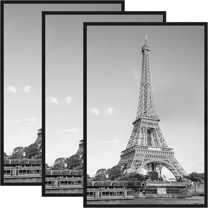 16x24 Black Rectangle Picture Frames 3 Pack, Scratch-Proof Slide-In Strip Poster Frames with Horizontal/Vertical Wall Mounting, Home Decor Gallery Room Accessories for Decoration Backboard,also available in:12x18,18x24,24x36,20x30