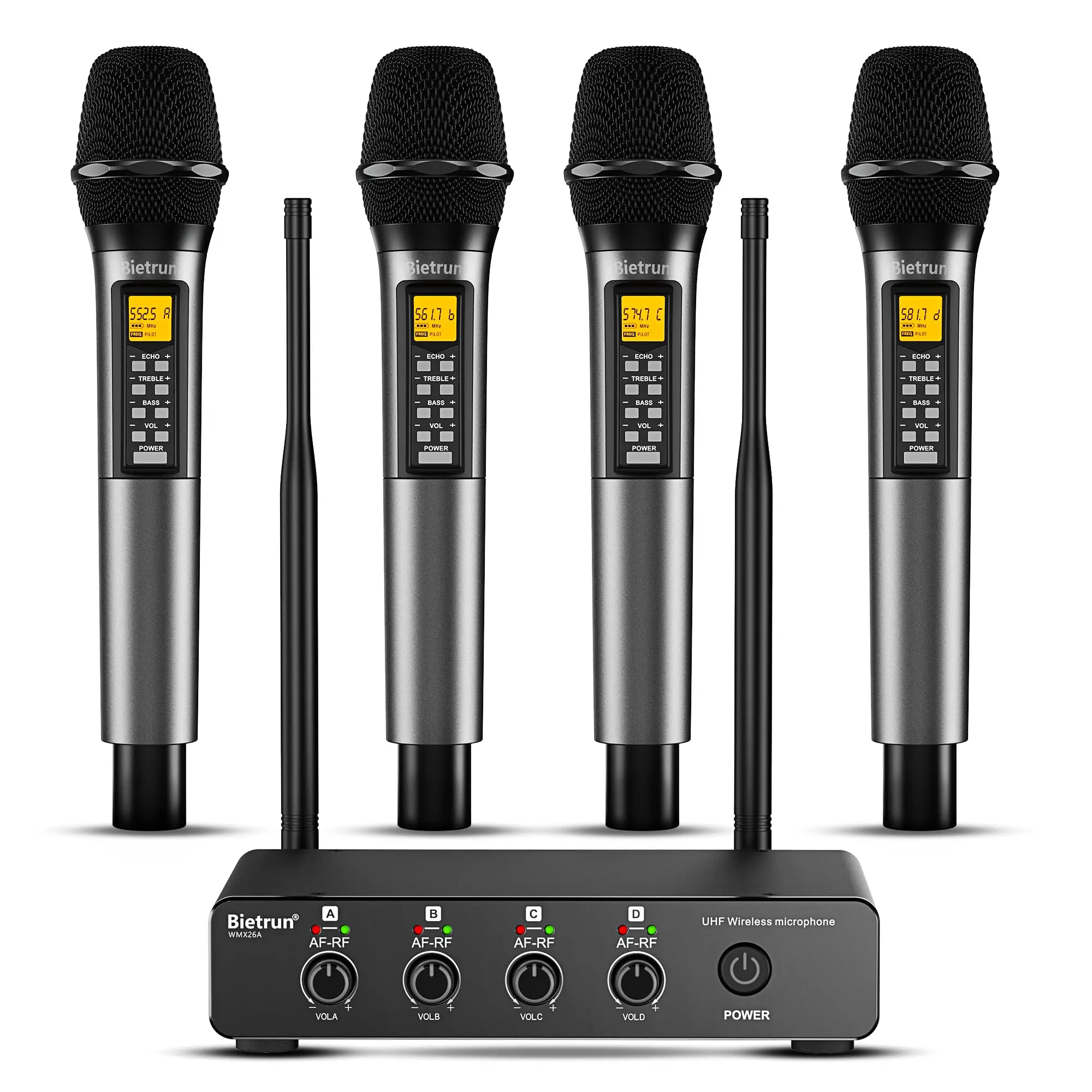 Bietrun 4-Channel UHF Cordless Wireless Microphone System with Echo/Treble/Bass, 160ft Range, 4 XLR+1/4'' Output, Metal Handheld Mics, Auto Connection, Bluetooth Receiver, Mobile Compatibility, Manufacturer Warranty for Wedding, Church, Podcast Setup