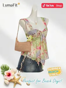 Vintage Print Tank Top Asymmetrical Hem Mesh Trim Slim Fit Lightweight Soft Breathable Feminine Trendy Summer Beach Vacation Outfit Casual Daily Wear Women Fashion