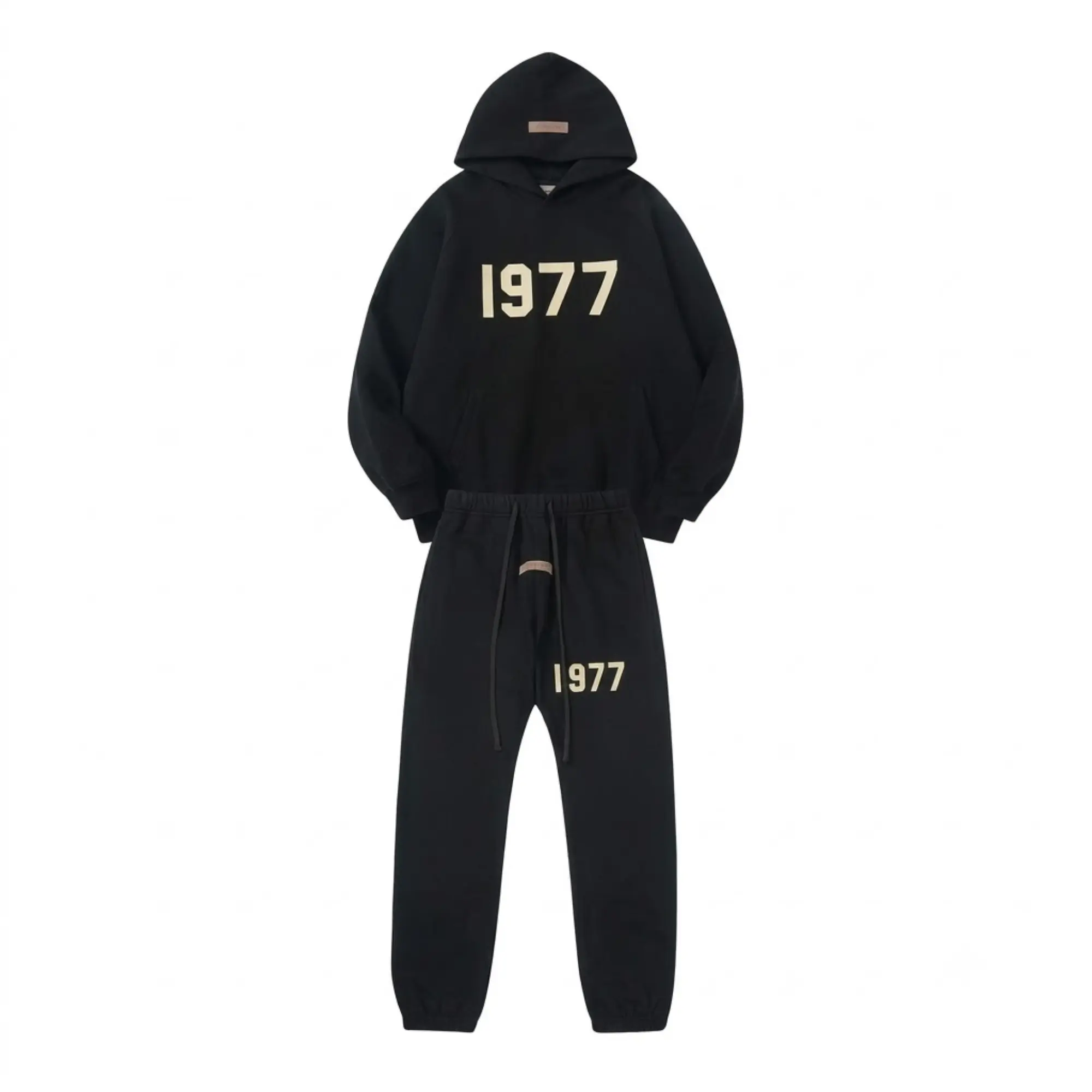 Men's 1977 Essential 2-Piece Black Hoodie Joggers Set, Unisex Pullover Sweatshirt & Sweatpants, Cozy Casual Streetwear Outfit
