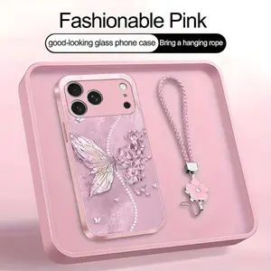 Fairycore Butterfly Decorative Phone Protector Case - Elegant Floral Pearl Cover with Lanyard for iPhone 17 Pro Max - 975