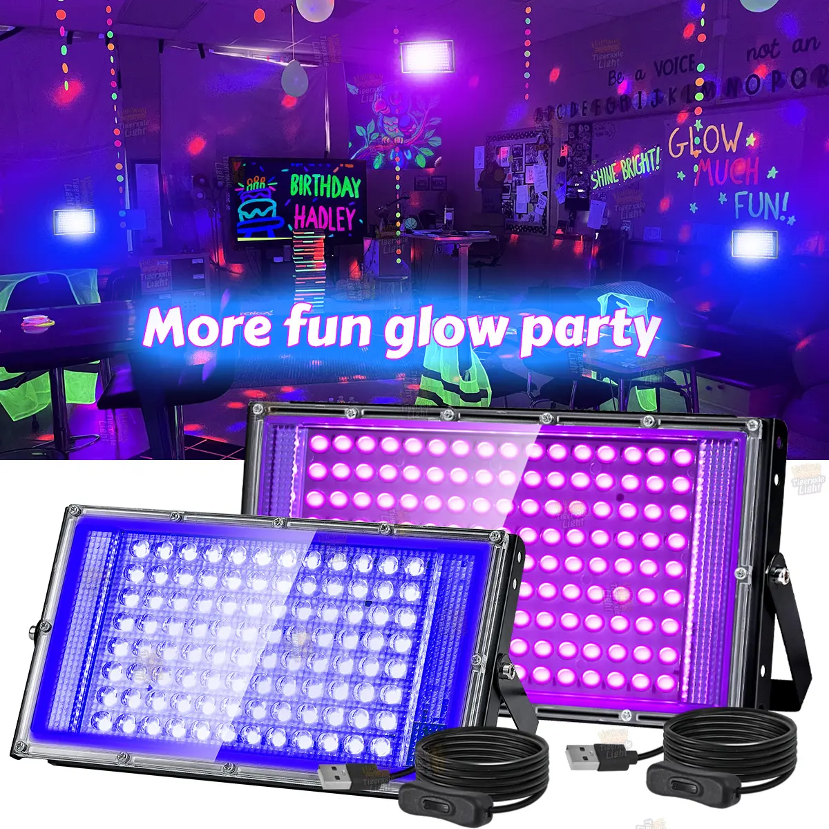 Aluminium Blacklight Party Light - 144/96 LEDs, USB Plug, Easy Installation, Dual Blue-Purple Hue, Novelty Lighting, Blacklight for Glow Party, Halloween Decorations, Fluorescent