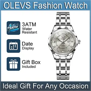 OLEVS 6727 Women's Stainless Steel Automatic Mechanical Watch, Elegant Fashion Dress Wristwatch, 34mm Classic Grey Dial, Day & Date Dual Window Display, Luminous Hands, Water Resistant Timepiece, High-End Holiday Gift for Wives, Girlfriends & Ladies