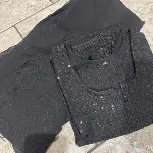 Exclusive 2 Pcs Sat Chikankari Sequence Work Kurta & Mastani - Black Cotton Set, Sizes 36-48, Super Fine Finishing, Elegant Design, Casual Wear