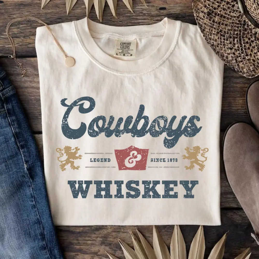Comfort Color Vintage Cowboys And Whiskey T-shirt Western T-shirt, Barbecue Party, Cricut & Silhouette Country T-shirt, Cowboy Shirt Gift