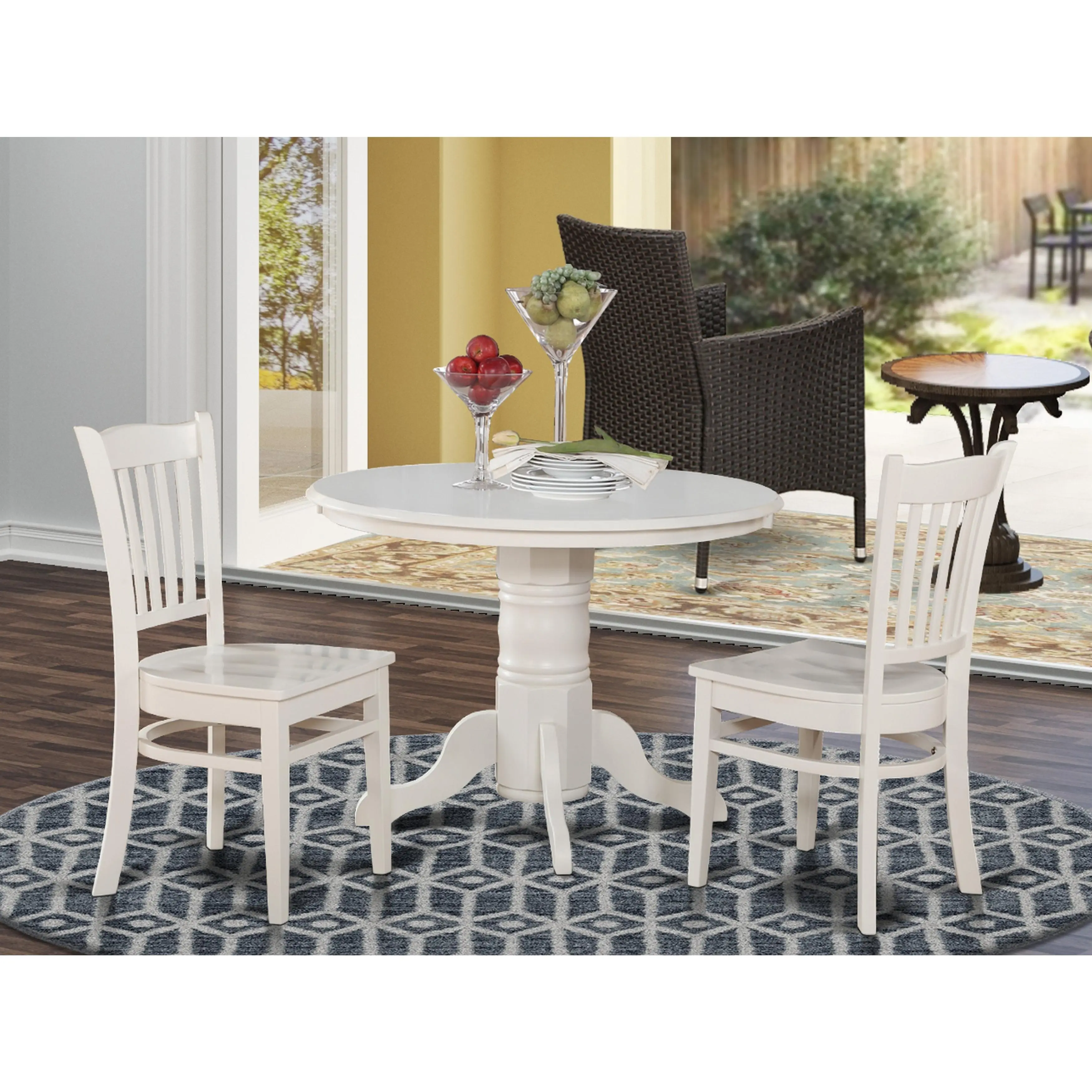 SHGR3-WHI-W 3-Piece Indoor Kitchen Nook Dining Set - Wood Small Dining Table, 2 Dinette Chairs with Satin Appearance, Seamless Design, Easy to Tidy