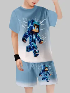 Pixel Lightning Character Print Boys' Short Sleeve Set, Perfect for Game-Themed Parties & Daily Wear, Stylish Kids Clothing Collection, Casual Set