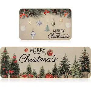 Christmas Kitchen Rug Rustic Christmas Rug Set of 2 Farmhouse Xmas Tree Kitchen Mat for Front Entrances Bath Room Decor, 17 x  in, 17 x 28 in