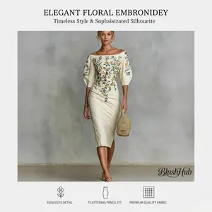 Women's Elegant Off Shoulder Midi Dress, 3/4 Sleeve Floral Embroidery Bodycon Pencil Dress with Slit, Party Cocktail Gown 2026