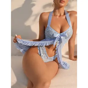 Contrast Lace Ruffle Trim Babydoll Sexy Lingerie Dress With Thong