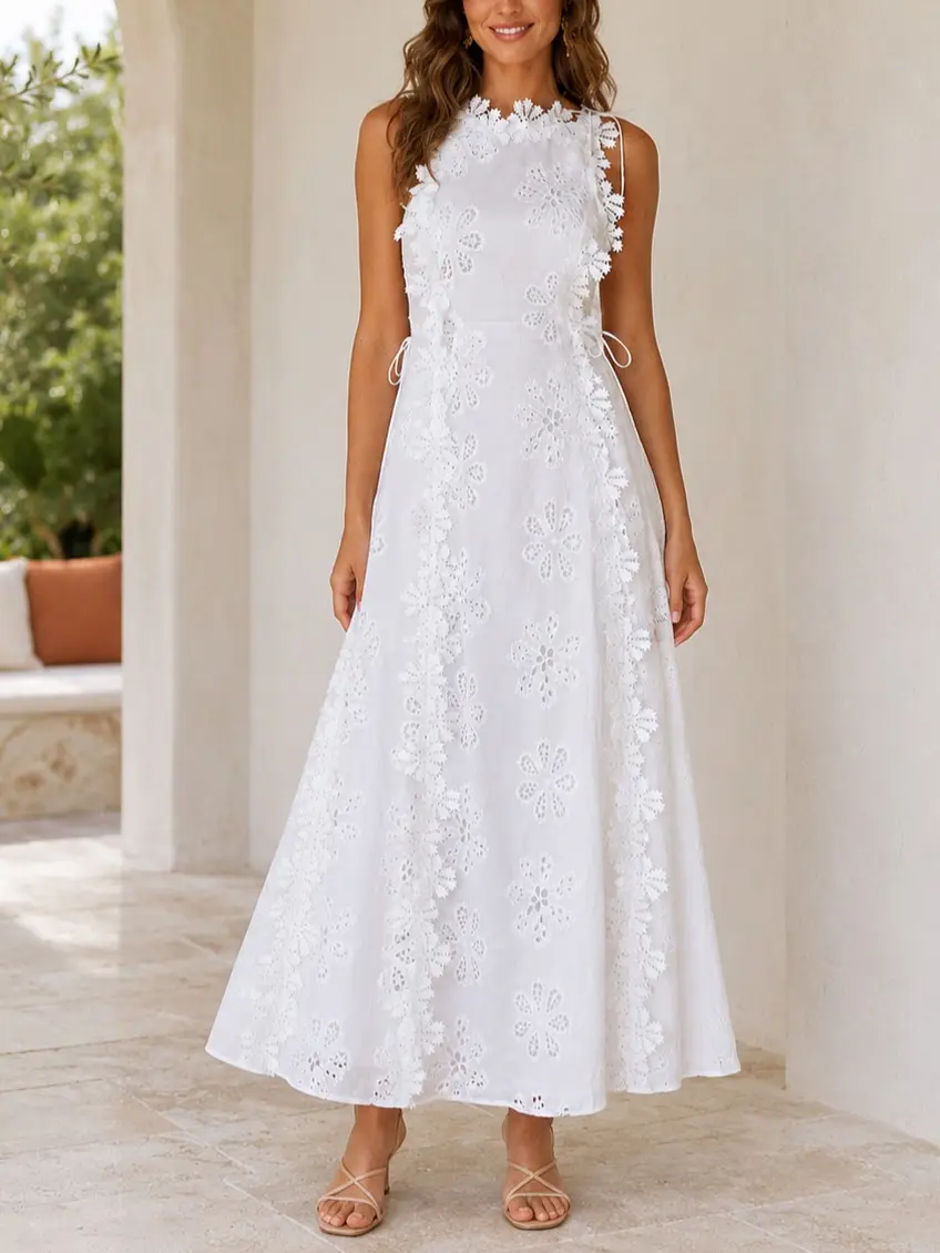 Women’s Cotton Blend Woven Floral Eyelet Sleeveless A-Line Maxi Dress with Side Tie Detail - Formal Overall for Vacation, Garden Party Women's Clothes