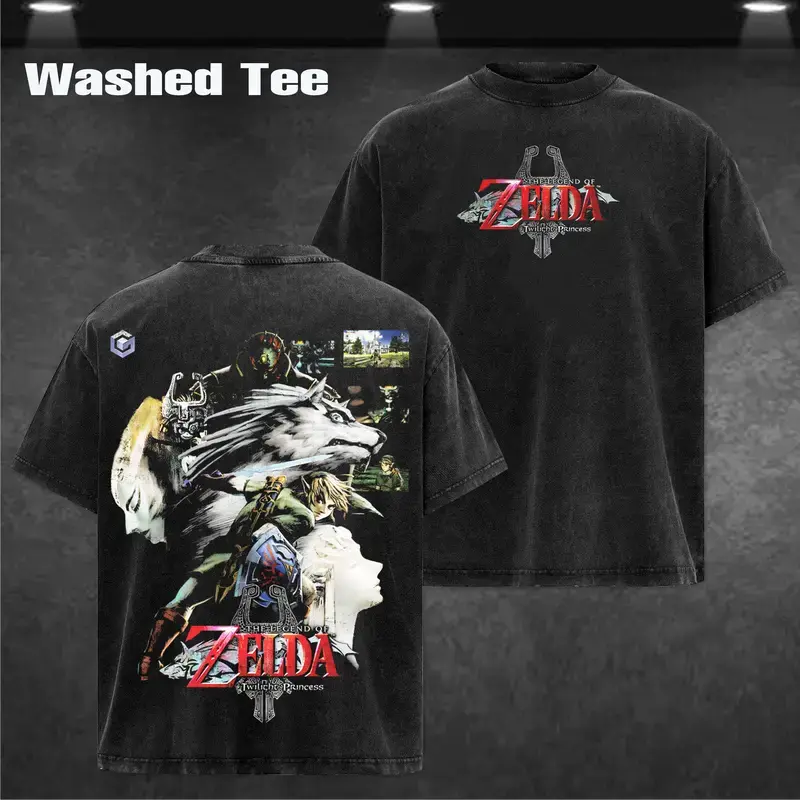 Vintage Washed Black The Legend of Zelda Twilight Princess Graphic T Shirt for Men Casual Short Sleeve Crewneck Cotton Tee Retro Video Game Streetwear Top for Daily Wear