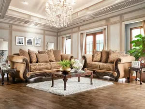 SM6407 2 pc Nicanor gold & bronze chenille fabric traditional sofa and love seat set with wood trim Astoria grand dolph