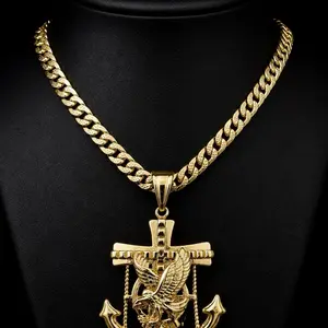 14K GP Fashion Hip Hop Sailor Anchor Eagle 1.77" Pendant Size - Luxury Pendant with Upgraded Cuban Chain 20’ 6 mm 24’ 6 mm  - Unisex Jewelry Brass Material Necklace Gift