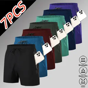 7-pack men’s quick-dry athletic shorts, ice silk breathable fabric, elastic waistband that fits comfortably without chafing, zippered pockets for safety and practicality, multi-color, versatile casual outdoor shorts for everyday wear