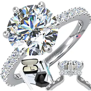 2.5 or 3CT Round Moissanite Engagement Ring 6 Prong Hidden Halo Side Stones / 18K White Gold Vermeil / Lab Created Diamond D Color VVS1 Clarity / GRA Certified & Engraved / Hypoallergenic Gift Set for Her