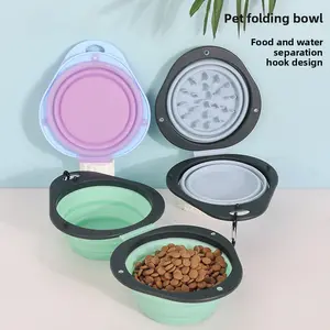 New Pet Folding Bowl 2-in-1 Stackable Bowl, Portable Outdoor Dog Food Bowl, Slow Feeding Bowl for Dogs and Cats, Double Bowl