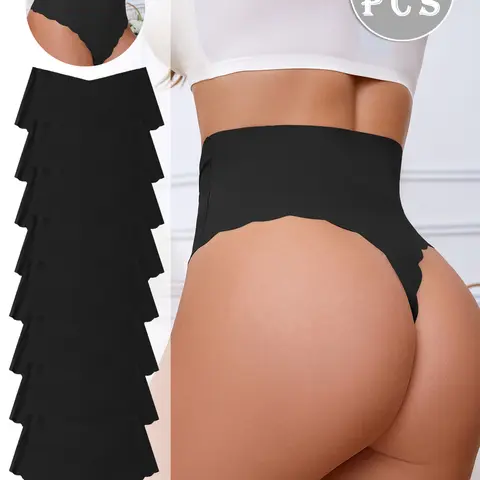 Women's High-Waisted Scallop Design Underwear Set, Breathable Comfort All-Season Fitted Panties, Marble Pattern Casual Style, Pieces