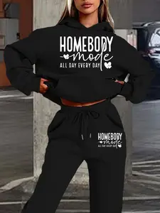 Women's Hooded Sweatshirt Set, Fall & Winter Casual Fitted Style, Fun Text Heart Print, Home Leisure, Daily, Friend Get Together