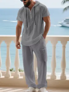 Men's Spring Summer Cuban Collar Linen Hooded Short Sleeve Long Pants Set, High-Quality Linen Material, Casual Breathable Beach Vacation Wear
