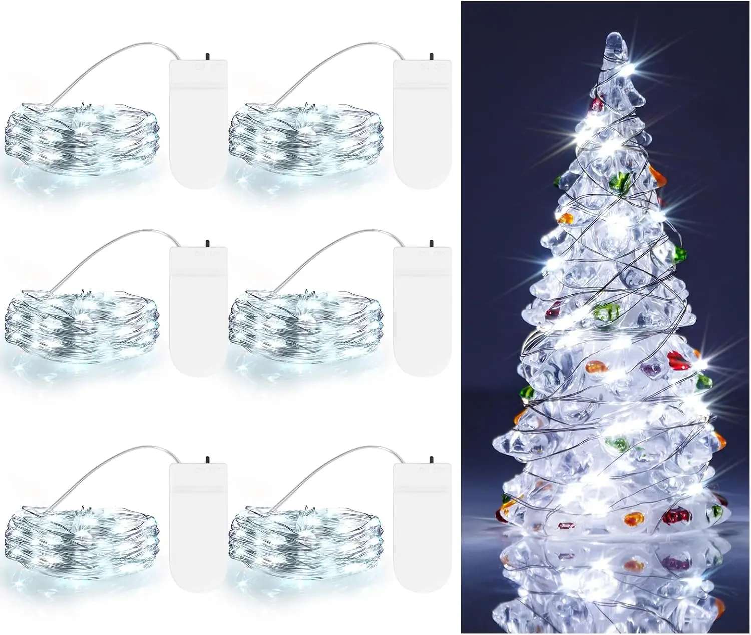 Battery-Powered Cordless LED Fairy String Lights (6-Pack), 7.2ft Silvery Copper Wire with 20 LEDs, Cool White & Multicolor, for Christmas DIY, Indoor Wedding Decorations