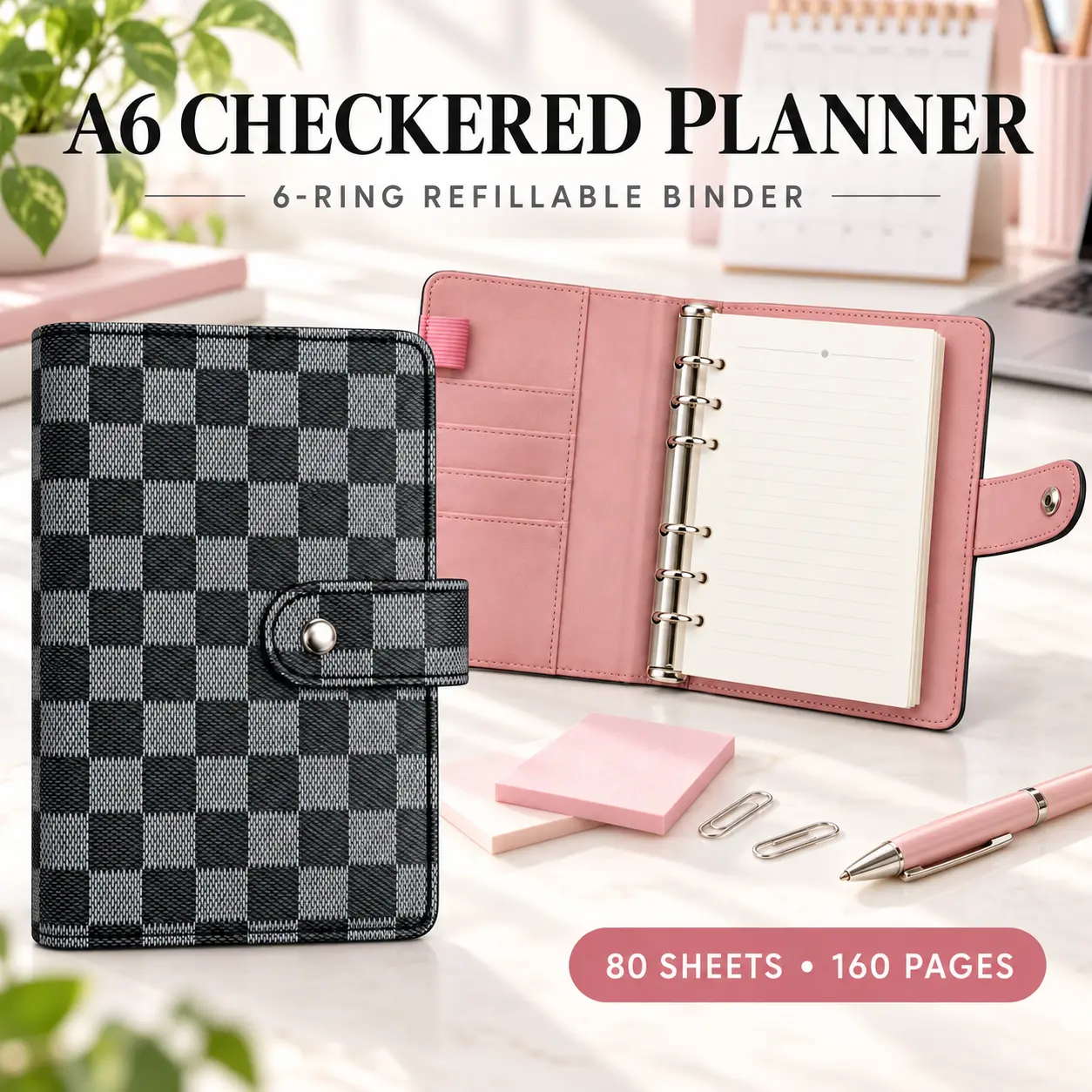 A6 Checkered Planner Binder, Refillable 6-Ring Loose Leaf Notebook with 80 Sheets/160 Pages, Snap Closure, Card Slots and Pen Loop, Black and Gray Cover with Pink Interior, Personal Organizer for Work, School, Office and Travel