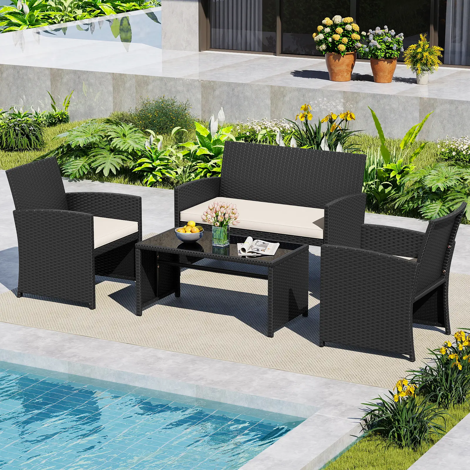 COSTWAY - 4 Pieces Patio Furniture Set with Tempered Glass Tabletop and Removable Cushion-White