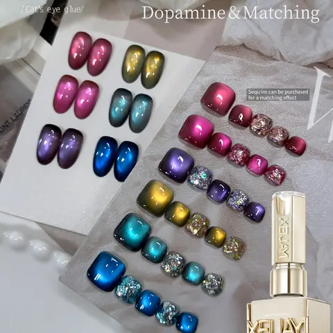 XEIJAYI 6PCS 15ML 【TPO&HEMA Free】Dopamine Magnetic Cat Eye Nail Gel Polish Set, Sparkling Glossy Finish, Patting Glue for Gradient Effect, DIY Nail Art Design Supplies, LED & UV Compatible