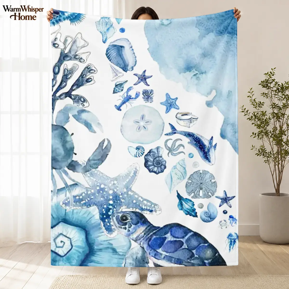 Watercolor Blue Ocean Sea Turtle Fleece Throw Blanket, Coastal Nautical Starfish Seashell Marine Life Soft Flannel Blanket, Beach Lover Housewarming Gift for Beach House Decor