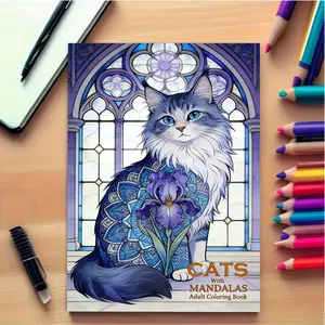 Mandala Cat Coloring Book, 24 Sheets, 120gsm Thick Paper, Adult Relaxation, Holiday Decor, Creative Fun, High-Quality Smooth Paper
