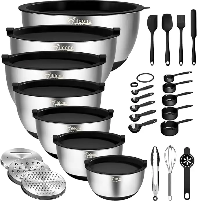 Wildone Mixing Bowls with Airtight Lids, 27 PCS Stainless Steel Nesting Bowls, with 3 Grater Attachments, Scale Mark & Non-Slip Bottom, Size 5, 4, 3,