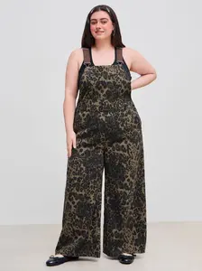 Denim Leopard Button Pocket Wide Leg Jumpsuit Curve & Plus