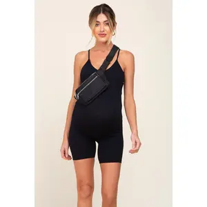 Black Ribbed Biker Short Maternity Romper