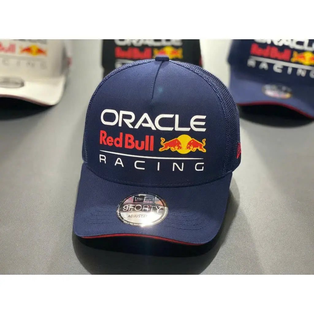 New Era Oracle Red Bull Racing 9FORTY Adjustable Trucker Hat - Unisex Formula 1 Collectible Headwear with Mesh Back, Curved Visor