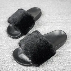 Slide Sliper with Fur Top EVA Comfortable and Stylish Women's Slippers for Everyday Wear Black Slip On House Slippers for Indoor Outdoor Lounge