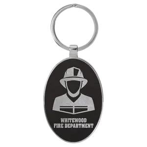 Leatherette/Metal Black/Silver Oval Keychain