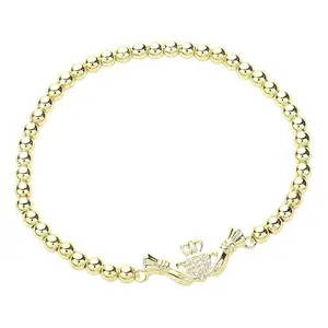 CZ Stone Paved Irish Claddagh Stainless Steel Ball Stretch Bracelet