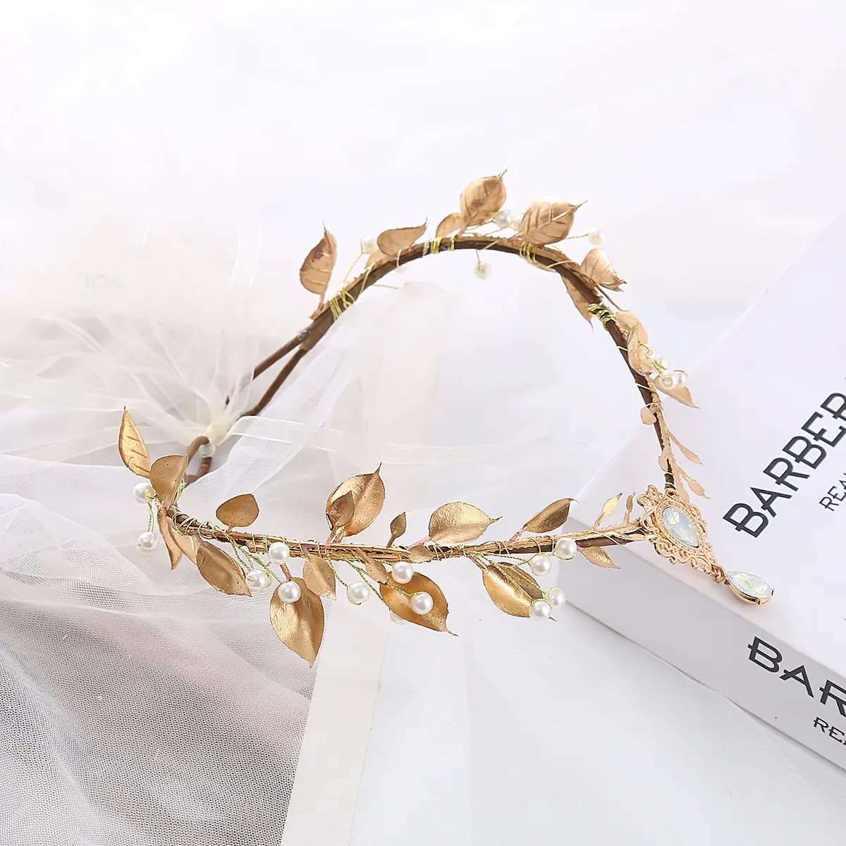 GentleLie Handmade Fairy Leaf Crown with Elf Ears Gold Pearl 
