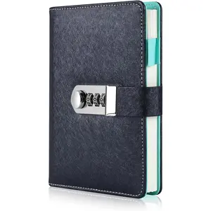 Diary Journal for Women with Lock, PU Leather Combination Lock A6 Refillable Leather Journal, Size:18.5X13.5 cm (Black)