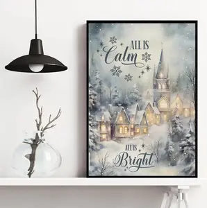 All Is Calm All Is Bright Poster, Christmas Wall Poster, Winter Church Scene, Rustic Style Christmas Poster, Merry Christmas Poster