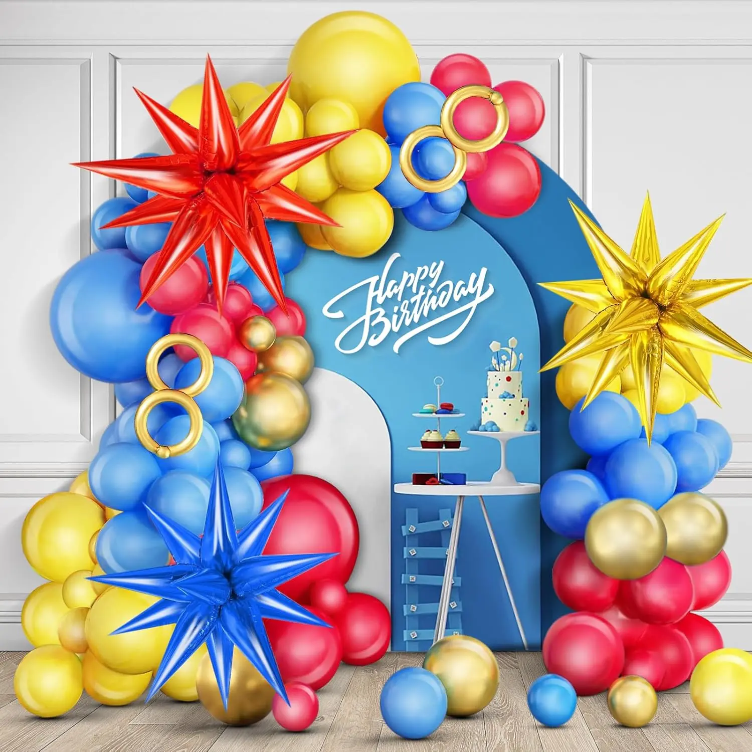 Red Blue Yellow Balloon Arch Kit, Balloons Garland Kit With Explosion Star Foil Balloons For Cartoon Hedgehog Carnival Circus Theme Birthday Party Baby Shower Decorations