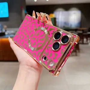Luxurious Electroplated Anti-Drop Shockproof Leopard Print Magnetic Hot Pink Smartphone Case for Apple iPhone 17 Pro Max/17 Pro, Full Coverage Phone Protection