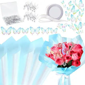 145 Pcs Flower Bouquet Wrapping Paper Kits DIY Crafts, 20 Sheets Waterproof Floral Wrapping Paper 72 ft Ribbon 24 Butterflies 100 Pin for Graduation Wedding Gift Packaging(Iridescent Blue)
