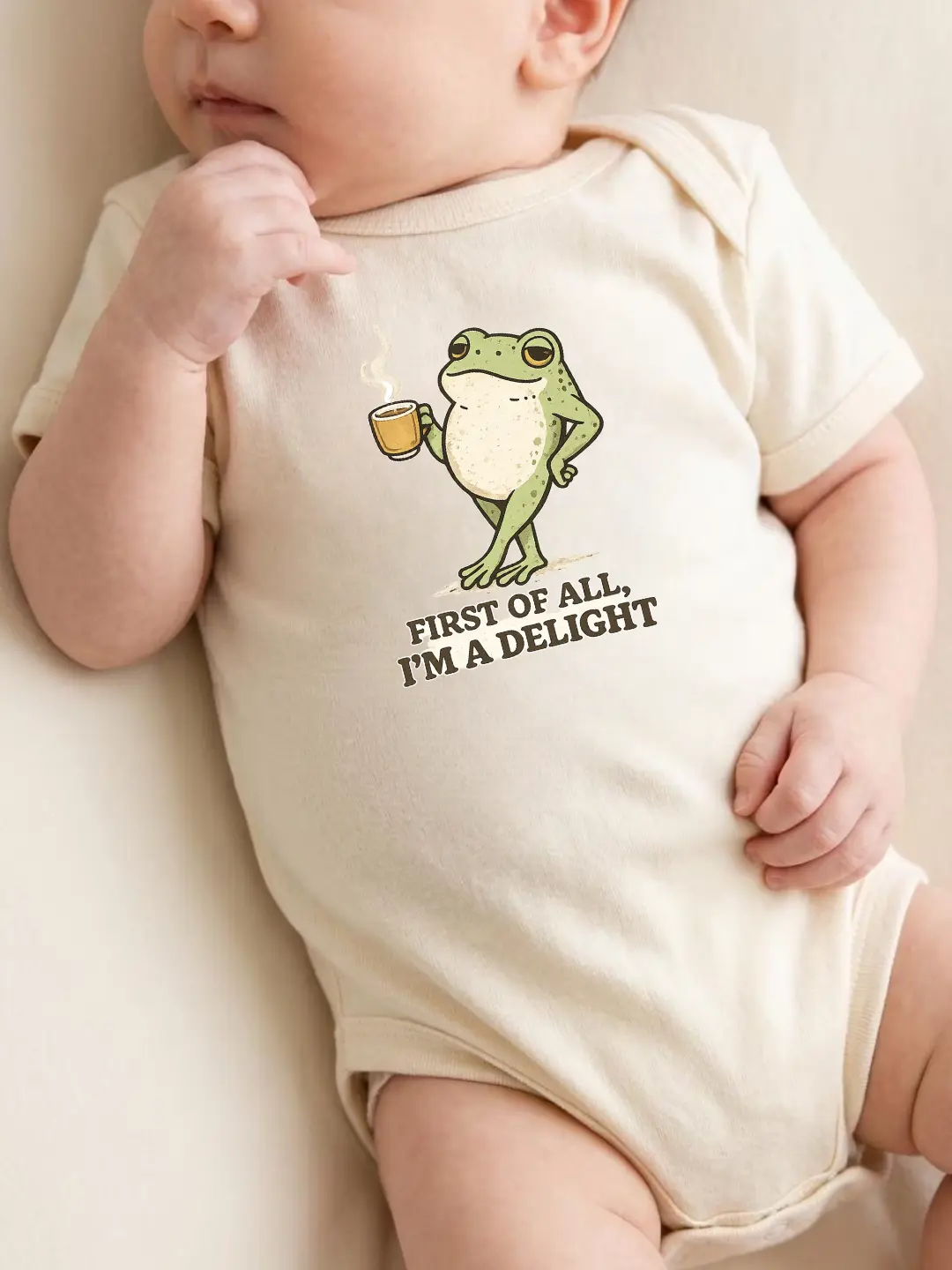 [BUBVORIE] First Of All I'm A Delight Frog Onesie, Funny Cowboy Baby Bodysuit, Sarcastic Novelty Baby Outfit, Baby Shower Gift, Pregnancy Announcement Onesie